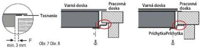 Tesnenie min. 3 mm F Obr. 7 Obr. 8 Varná doska Pracovná doska A Varná doska Pracovná doska PrichytkaPrichytka