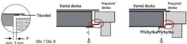 Těsnění min. 3 mm F Obr. 7 Obr. 8 Varná deska Pracovní deska A Varná deska Pracovní deska PřichytkaPřichytka