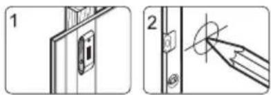 Technical diagram showing two steps of door opening, with labeled components and a pencil tip indicating the angle.