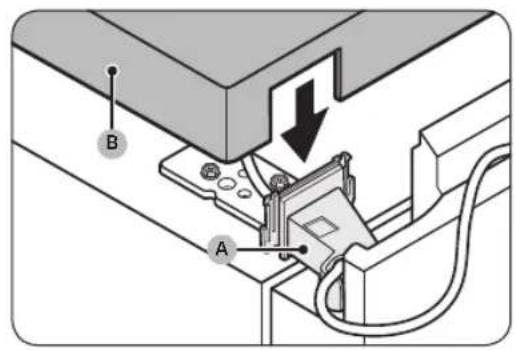 Technical diagram showing mechanical assembly with labeled components A and B, including a downward arrow indicating motion or force.