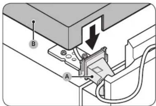 Technical diagram showing mechanical assembly with labeled components A and B, including a downward arrow indicating motion or force.