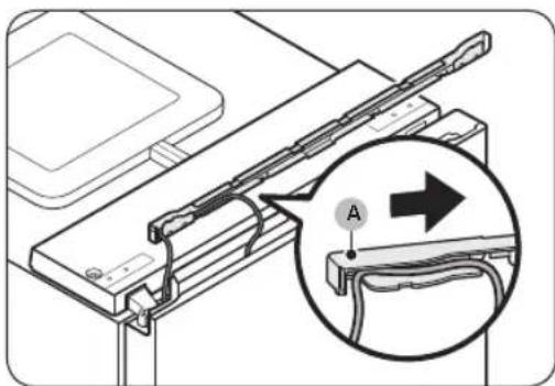 Technical diagram showing a mechanical assembly with an inset magnified view highlighting a component labeled 'A' with an arrow.