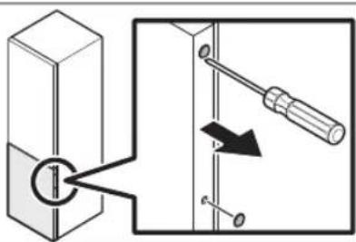 Technical diagram showing a mechanical assembly with a pin labeled '1' and a screwdriver inserted into a bracket, with an arrow indicating direction.