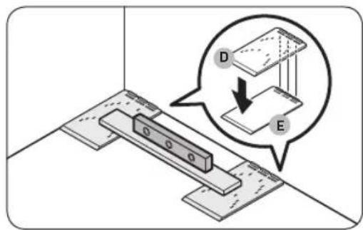 Diagram illustrating a physical setup with labeled components D and E, showing a device on a platform and a magnified view of the device.