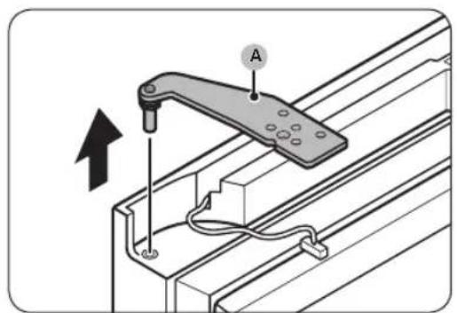 Technical diagram showing a mechanical assembly with labeled component A and an upward arrow indicating motion or assembly.