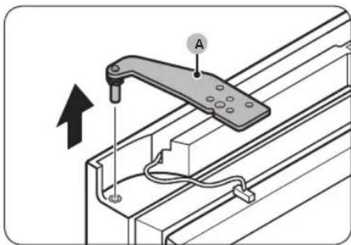 Technical diagram showing a mechanical assembly with labeled component A and an upward arrow indicating motion or assembly.