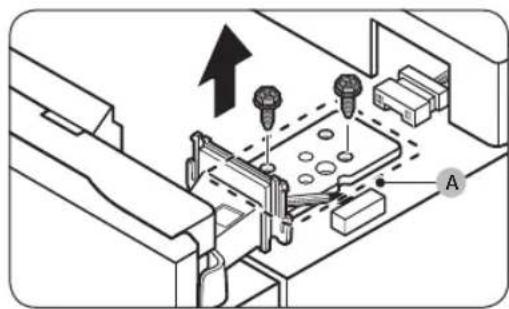 Technical diagram showing mechanical assembly with labeled components and an upward arrow indicating motion or force