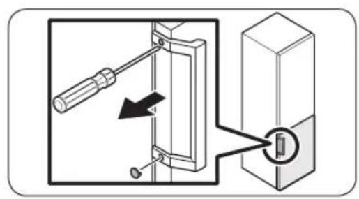Diagram showing a screwdriver inserted into a doorbell with a close-up of the doorbell's internal structure, indicating mechanical assembly or repair.