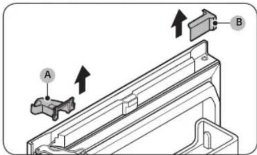 Technical diagram showing mechanical assembly with labeled components A and B, including directional arrows indicating movement or force.