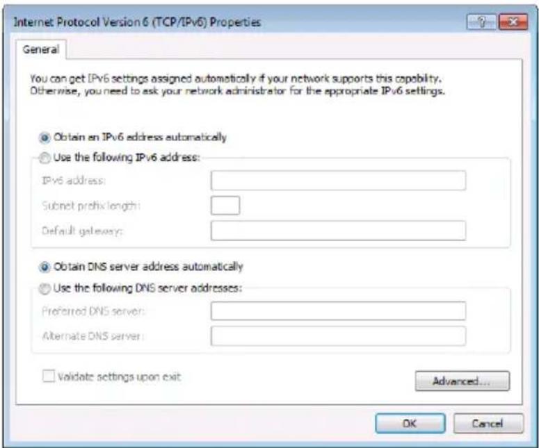 Internet Protocol Version 6 (TCP/IPv6) Properties General You can get IPv6 settings assigned automatically if your network supports this capability. Otherwise, you need to ask your network administrator for the appropriate IPv6 settings. Obtain an IPv6 address automatically Use the following IPv6 address: IPv6 address: Subnet prefix length: Default gateway: Obtain DNS server address automatically Use the following DNS server addresses: Preferred DNS server: Alternate DNS server: Validate settings upon exit Advanced... OK Cancel
