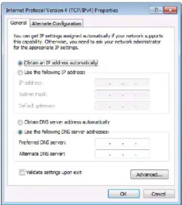 Internet Protocol Version 4 (TCP/IPv4) Properties General Alternate Configuration You can get IP settings assigned automatically if your network supports this capability. Otherwise, you need to ask your network administrator for the appropriate IP settings. Obtain an IP address automatically; Use the following IP address: IP address: . Subnet map: . Default gateway: . Obtain DNS server address automatically Use the following DNS server addresses: Preferred DNS server: . Alternate DNS server: . Validate settings upon exit Advanced... OK Cancel