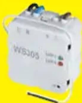 White WASO5 electric vehicle with attached power cord and buttons, set against a yellow background.