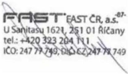 FAST FAST CR, a.s. 87- U Sanitasu 1621, 251 01 Ríčany tel.: +420 323 204 191 ICO: 247 77 749, DLO CZ 247 77 749