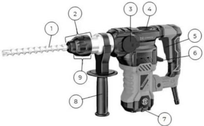 Labeled diagram of a mechanical drill bit with numbered parts for identification