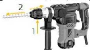 Diagram of a drill bit with labeled parts 1 and 2, showing tool path and motion arrows