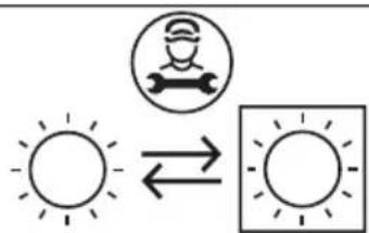 Weather icon and sun symbol showing sunlight, a person wearing a helmet, and a sun with directional arrows