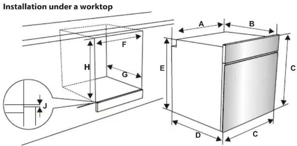 Installation under a worktop A B C D C E F G H J