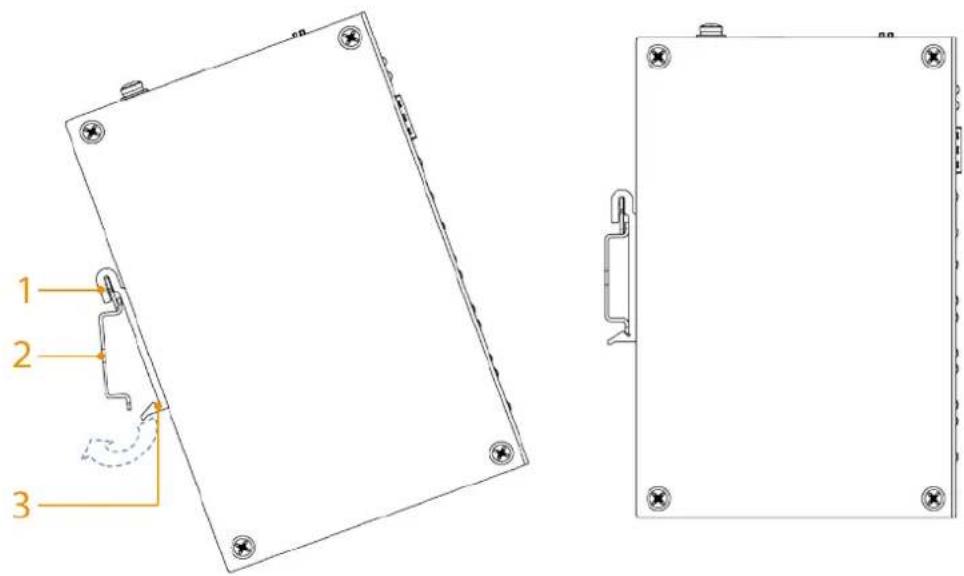 Technical diagram showing two views of a rectangular electronic device with labeled components and a dashed curved line indicating rotation or adjustment.