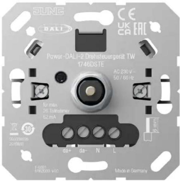 SUNG DALI CE UK CA EAC Power-DALI-2 Drehsteuergerät TW 1746DSTE AC 230 V - 50/60 Hz for max 26 Tümlstamer 52 mA 30 50/29/2020 20/8/2011 da+ da- N L F-681 ENR2000-V10 Made in Germany
