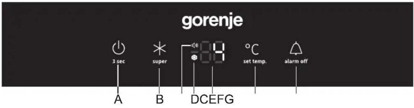 gorenje 3 sec super 0.8 °C set temp. alarm off A B DCEFG