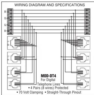 WIRING DIAGRAM AND SPECIFICATIONS MOD-DT4 For digital Telephone Lines • 4 Pairs (8 wires) Protected • 70 Volt Clamping • Straight-Through Pinout
