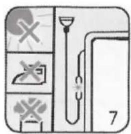 Diagram showing safety symbols and labeled components including crossed-out masks, a switch, and a thermometer with number 7