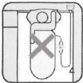 Diagram showing a device with a cross symbol indicating no change, enclosed in a container with a funnel and plug.