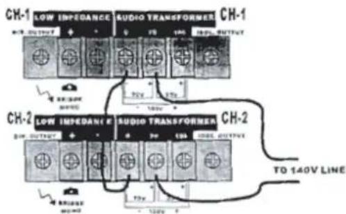 CH-1 LOW IMPEDANCE AUDIO TRANSFORMER CH-1 + - + - + - W/ W/ OUTPUT 9V 10V 11V 12V OUTPUT EX:50K NOTES 140V CH-2 LOW IMPEDANCE AUDIO TRANSFORMER CH-2 + - + - + - W/ W/ OUTPUT 9V 10V 11V 12V OUTPUT BRIDGE amp=3 TO 140V LINE