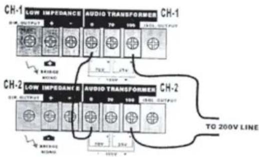 CH-1 LOW IMPEDANCE AUDIO TRANSFORMER CH-1 70 100 TAXI OUTPUT BRIDGE MOUNTED 70V 37V 150V CH-2 LOW IMPEDANCE AUDIO TRANSFORMER CH-2 70 100 TAXI OUTPUT AMBIOME MOUNTED TO 200V LINE