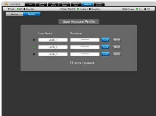 DMPB06 Power: On Scandy Settings Security User Account Profile User Name Password • USER_1 ******** LNT • USER_2 ******** LNT • USER_3 ******** LNT Snow Password