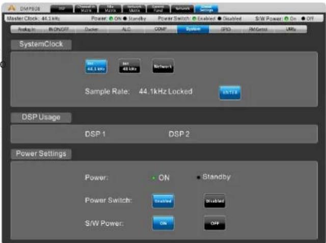 DMP808 Master Clock: 44.1kHz Power ON Standby Power Switch Enabled Disabled S/W Power On Off Analog In INONOFF Docker ALC CONP System GPIO IM Control UBI SystemClock Sample Rate: 44.1kHz Locked EN TFS DSP Usage DSP 1 DSP 2 Power Settings Power ON Standby Power Switch Enabled Disabled S/W Power ON OFF