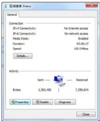 区域连接 Status General Connectron IPv4 Connectivity: No Internet access IPv6 Connectivity: No network access Media State: Enabled Duration: 03:30:17 Speed: 100.0 Mbps Details... Activity Sent — Received Bytes: 5,363,430 | 7,359,624 Properties Disable Diagnose Close