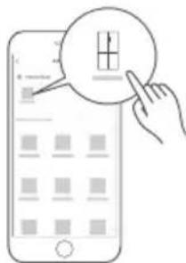 Illustration of a smartphone screen displaying a grid interface with a hand pointing to a circular icon containing a grid symbol.