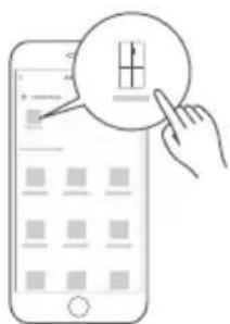 Illustration showing a hand interacting with a smartphone displaying a grid interface, with a magnified circular icon highlighting a specific cell.