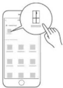 Illustration of a hand interacting with a smartphone displaying a grid interface, with a magnified circular icon showing a grid cell.
