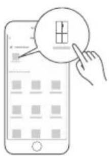 Illustration of a hand interacting with a smartphone displaying a grid interface, with a magnified circular icon showing a grid cell.