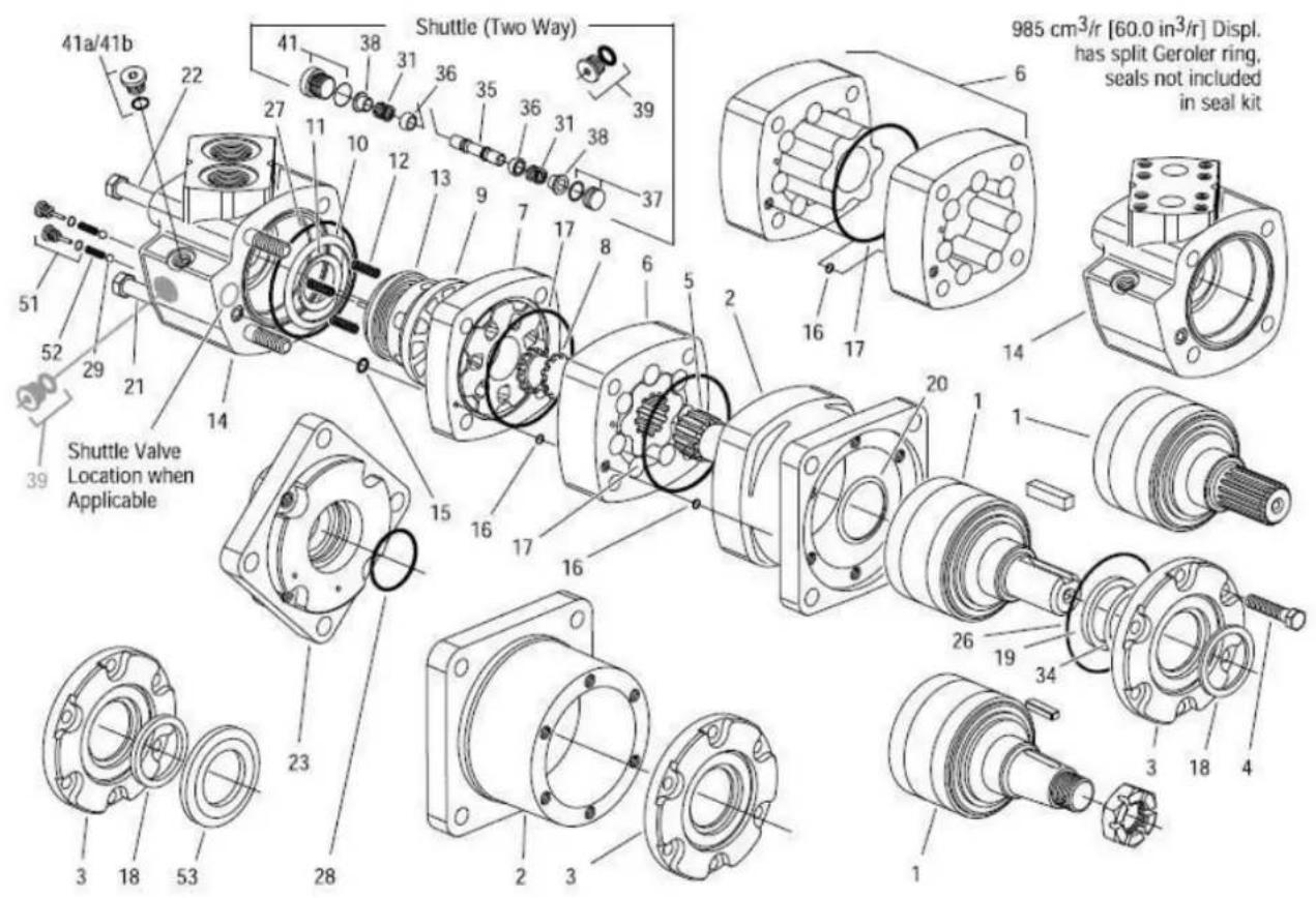 41a/41b 22 27 11 10 12 13 9 7 17 8 6 5 2 16 17 14 985 cm³/r [60.0 in³/r] Displ. has split Geroler ring. seals not included in seal kit Shuttle (Two Way) Shuttle Valve Location when Applicable 39 51 52 29 21 14 15 16 17 16 20 1 1 26 19 34 3 18 4 3 18 3 23 28 3 53 39