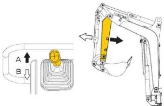 Technical diagram showing mechanical assembly with labeled parts A and B, including a highlighted component and directional arrows indicating movement.