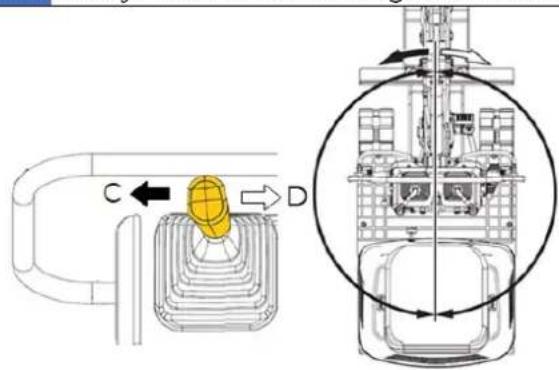 Technical diagram showing a mechanical assembly with labeled components C and D, including directional arrows and a circular inset view.