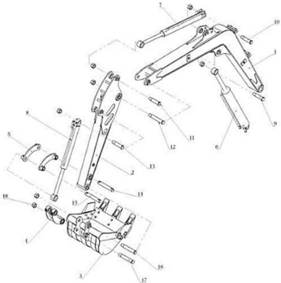 Technical diagram of an excavator assembly with numbered parts for identification