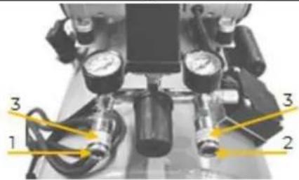 Labeled mechanical device image showing pressure gauges and tubing with numbered annotations