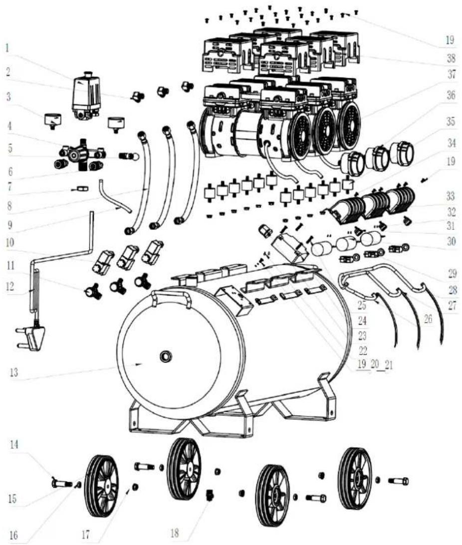 Exploded view diagram of a mechanical assembly with numbered parts and exploded views
