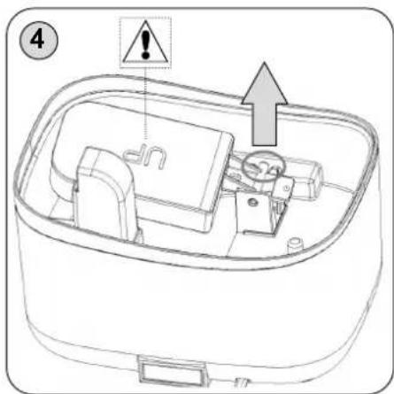 Technical diagram of a device casing with warning symbol and labeled component