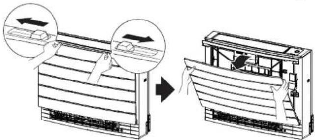 Diagram illustrating the process of installing or removing a refrigerator panel, showing step-by-step assembly with arrows indicating left and right motion.