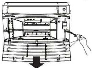 Technical diagram of a printer with labeled parts and directional arrow indicating process flow