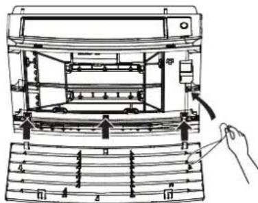 Technical diagram of a printer with labeled parts and a hand pointing to a component