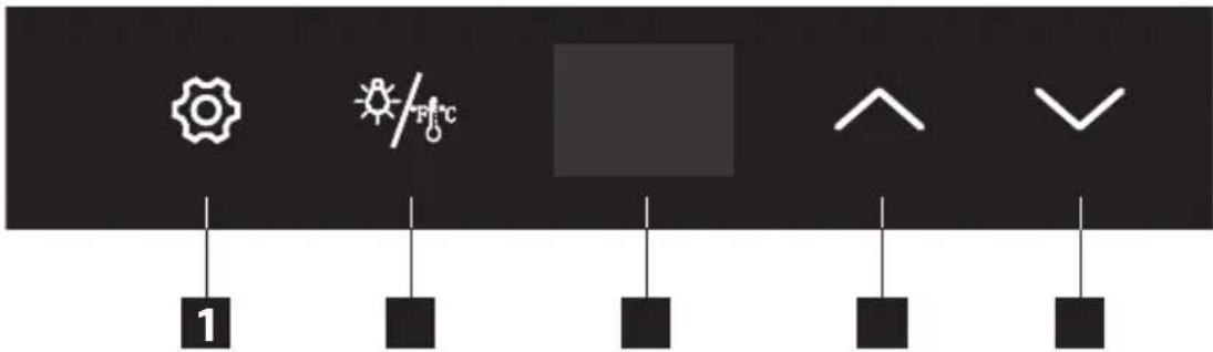 Control panel interface with weather and temperature icons, a blank preview area, and three labeled buttons below.