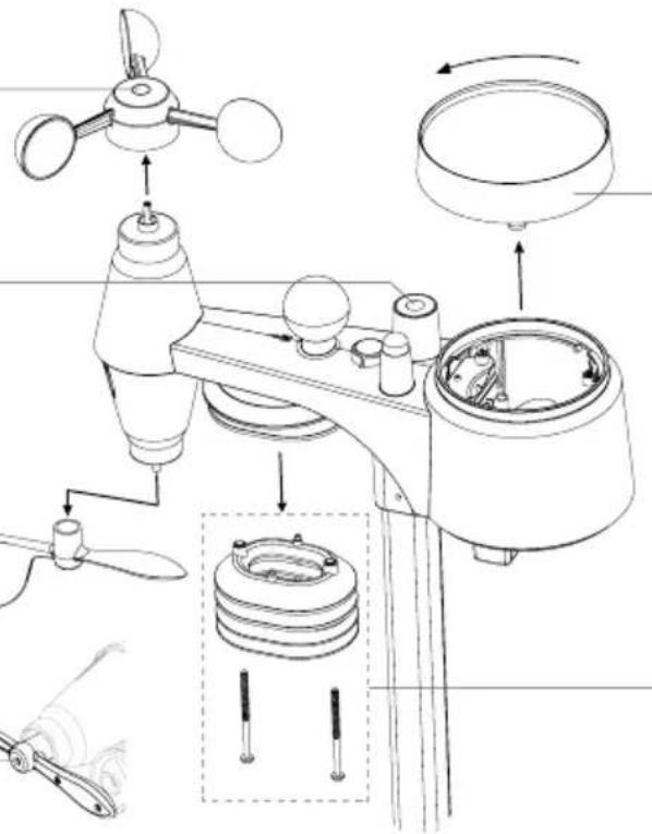 Technical diagram of a weather monitoring device with labeled components and assembly steps