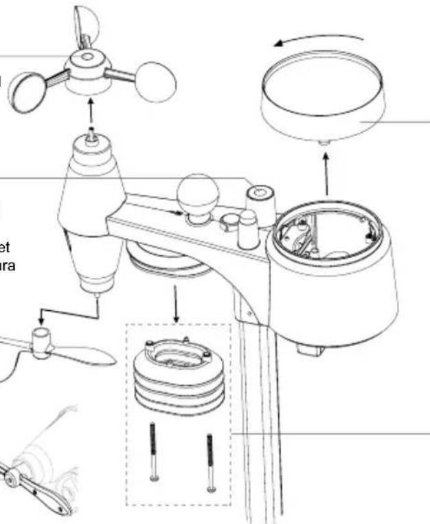 Technical diagram of a weather monitoring device with labeled components and assembly steps