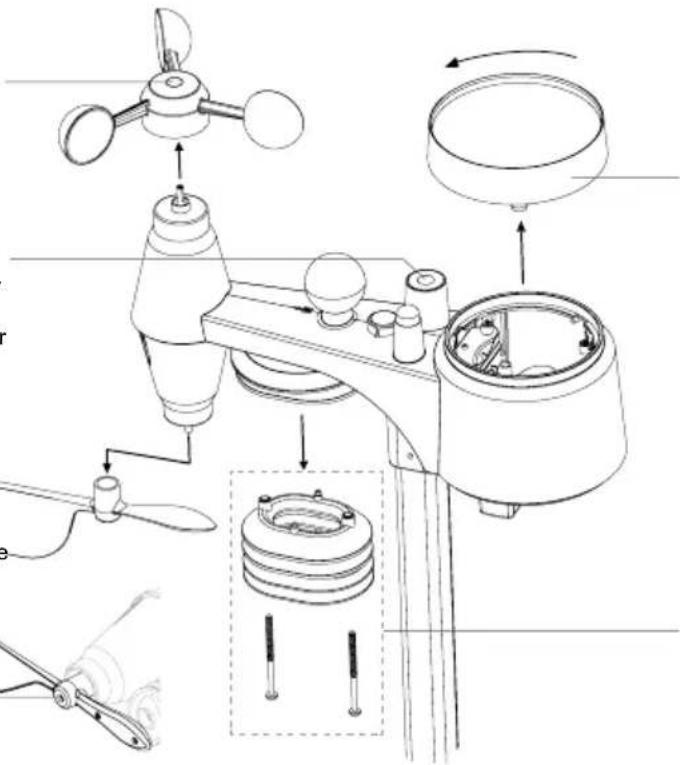 Technical diagram of a weather monitoring device with labeled components and assembly steps